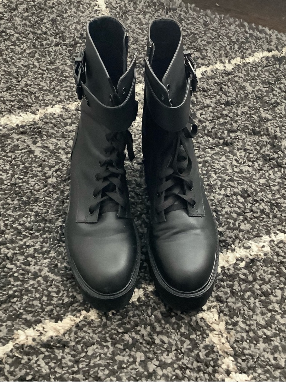 Kurt Geiger Black Lace-Up Combat Ankle Boots with Buckle Strap